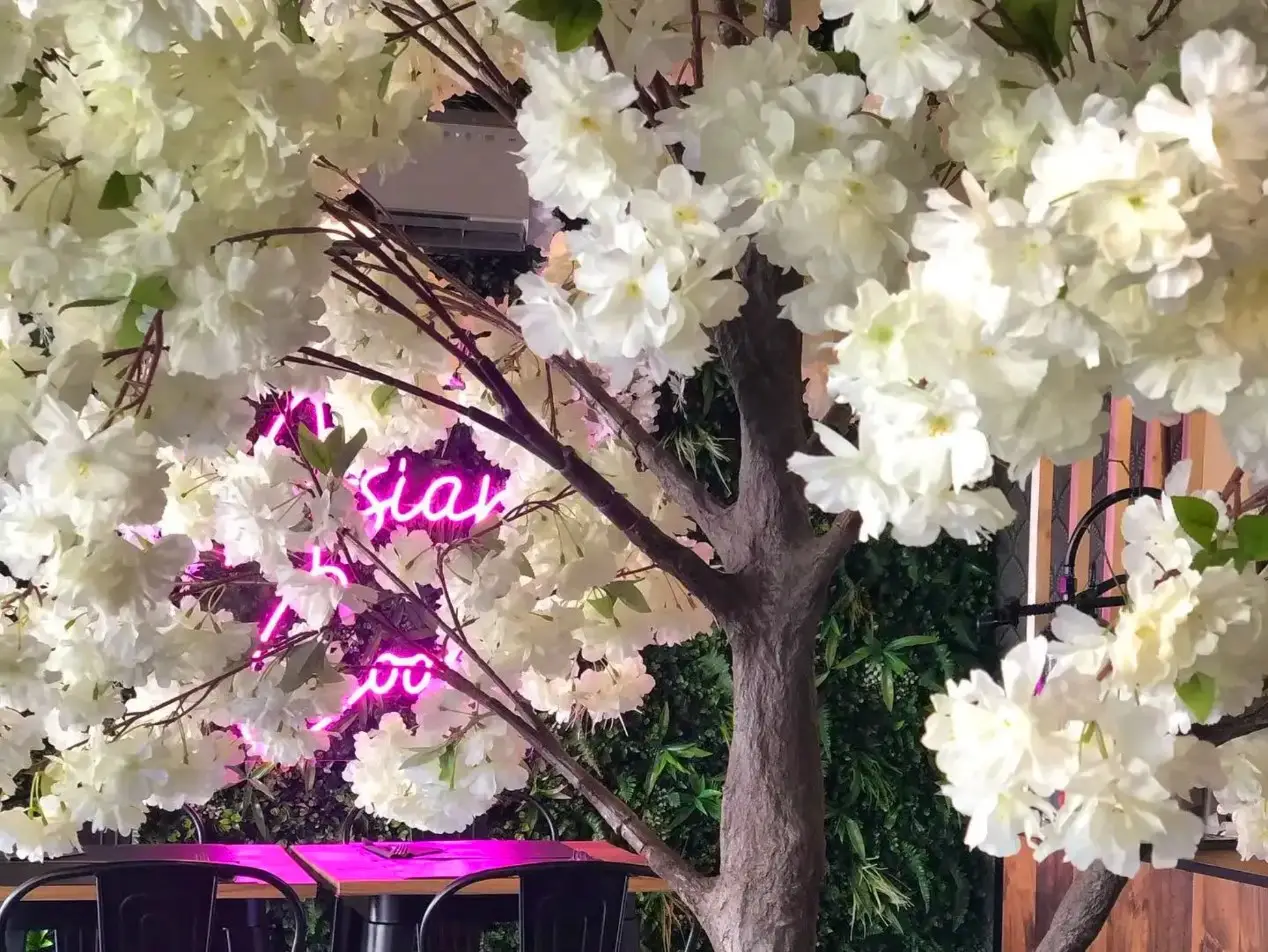 Salle du restaurant Asian Cook à Décines : cerisier en fleurs et néon