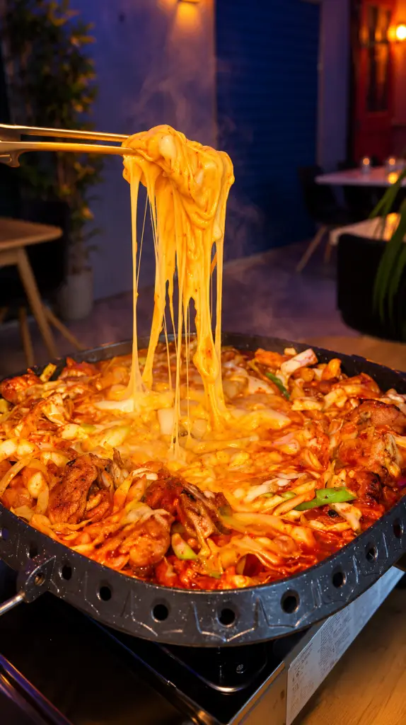Barbecue dakalbi au poulet et fromage fondu chez Oppa, restaurant coréen à Lyon Vaise