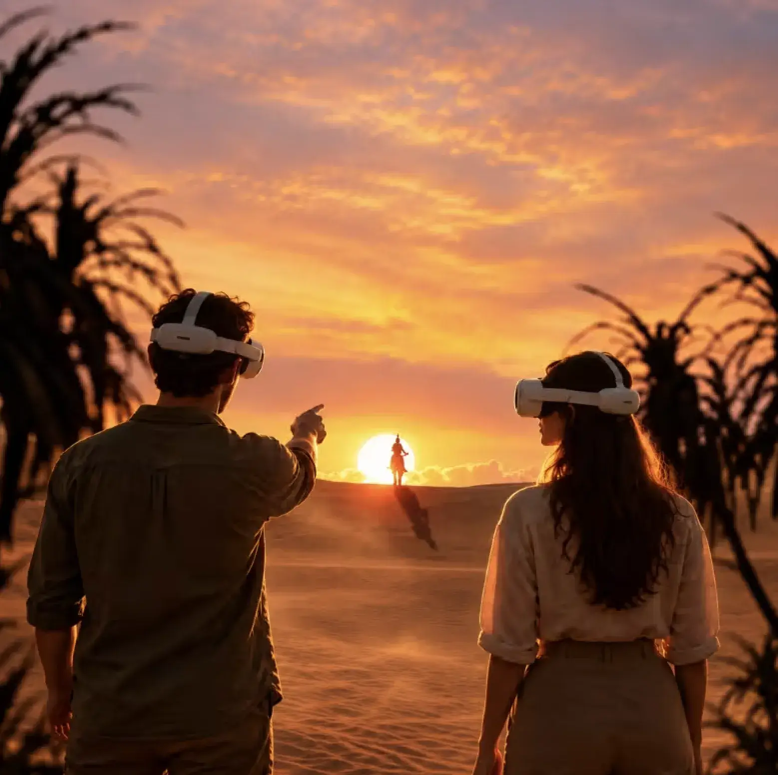 Deux joueurs en casque VR face au désert égyptien au coucher du soleil dans l'expérience Cléopâtre