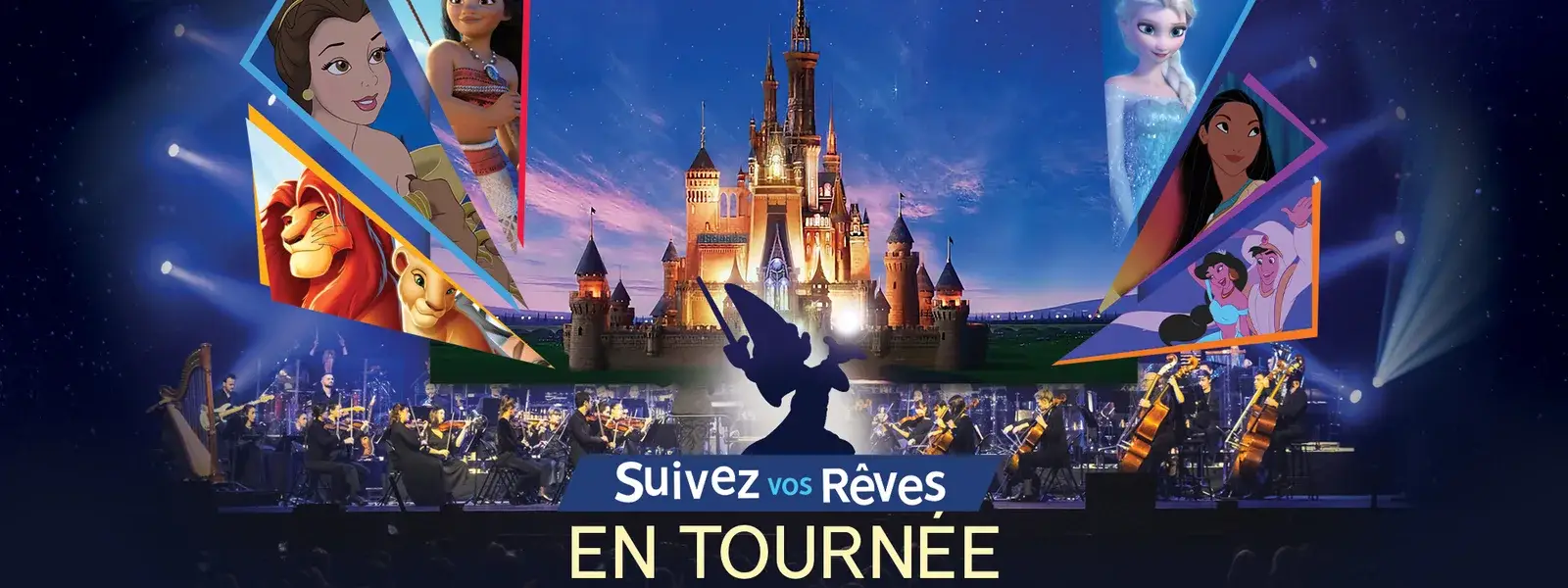 Orchestre symphonique sur scène devant l'écran géant du spectacle Disney en concert Suivez vos rêves