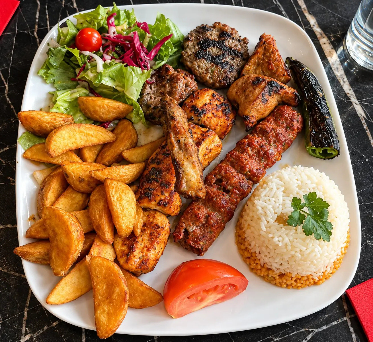 Grillade mixte chez Divan : adana, köfte, brochettes de poulet et d'agneau, potatoes, riz et salade, Villeurbanne