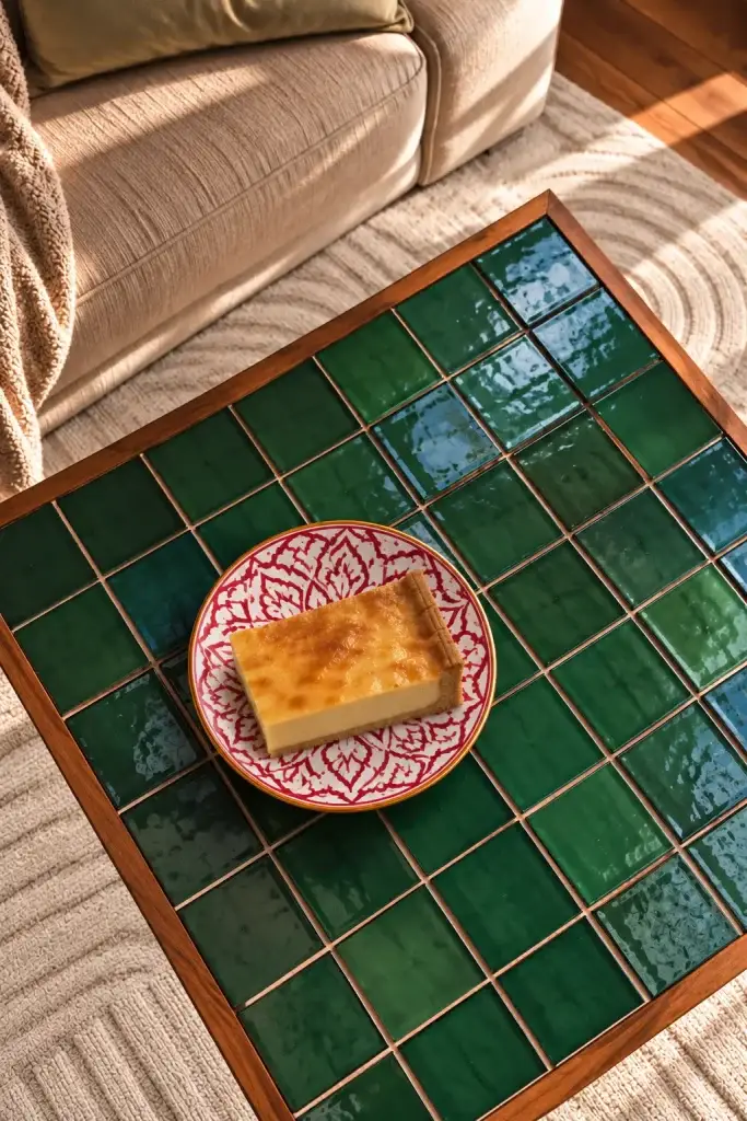 Part de flan de la Boulangerie Marcel sur une assiette à motifs rouges, Lyon 6e