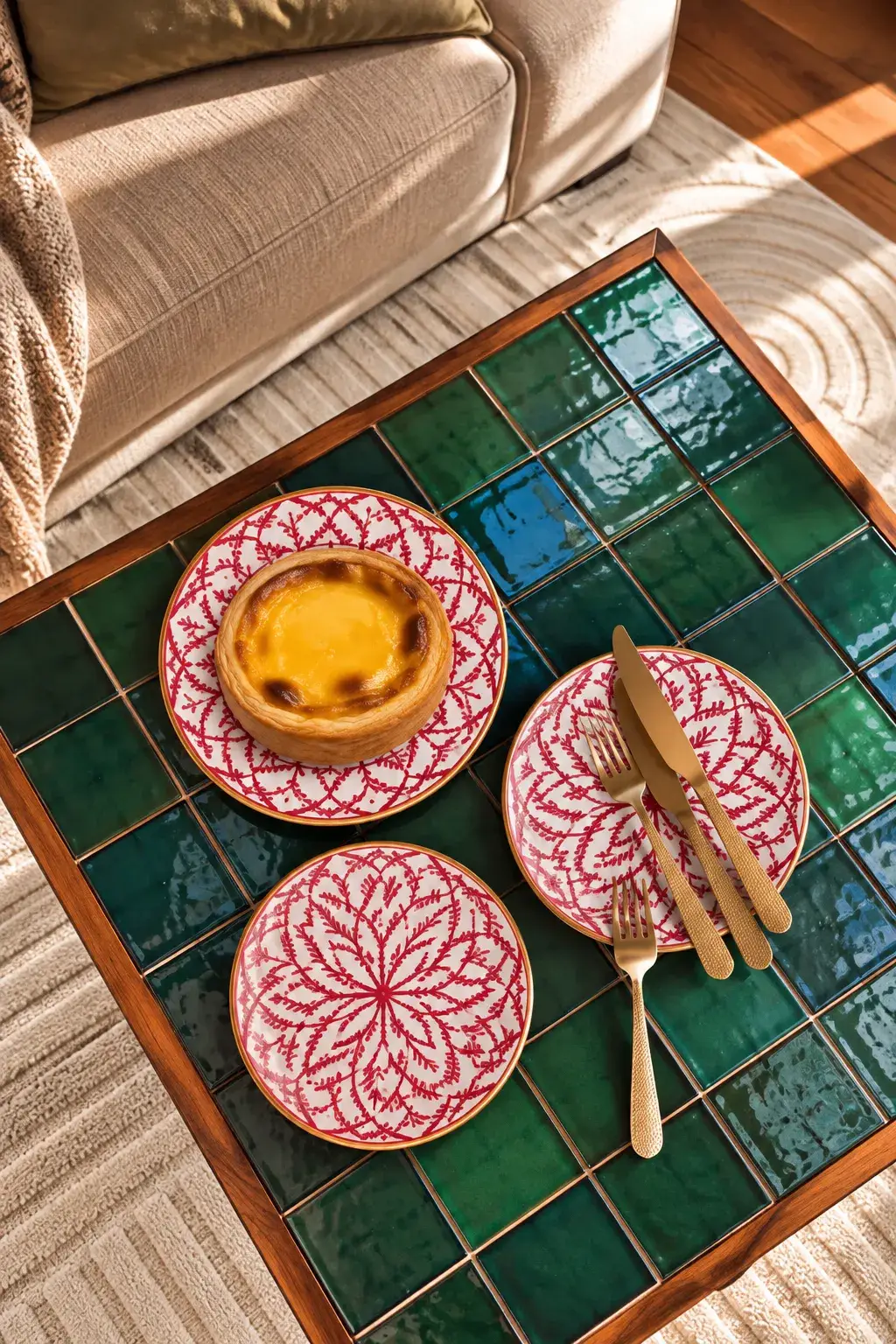 Flan de Dorner Frères sur une assiette à motifs rouges, Lyon 6e