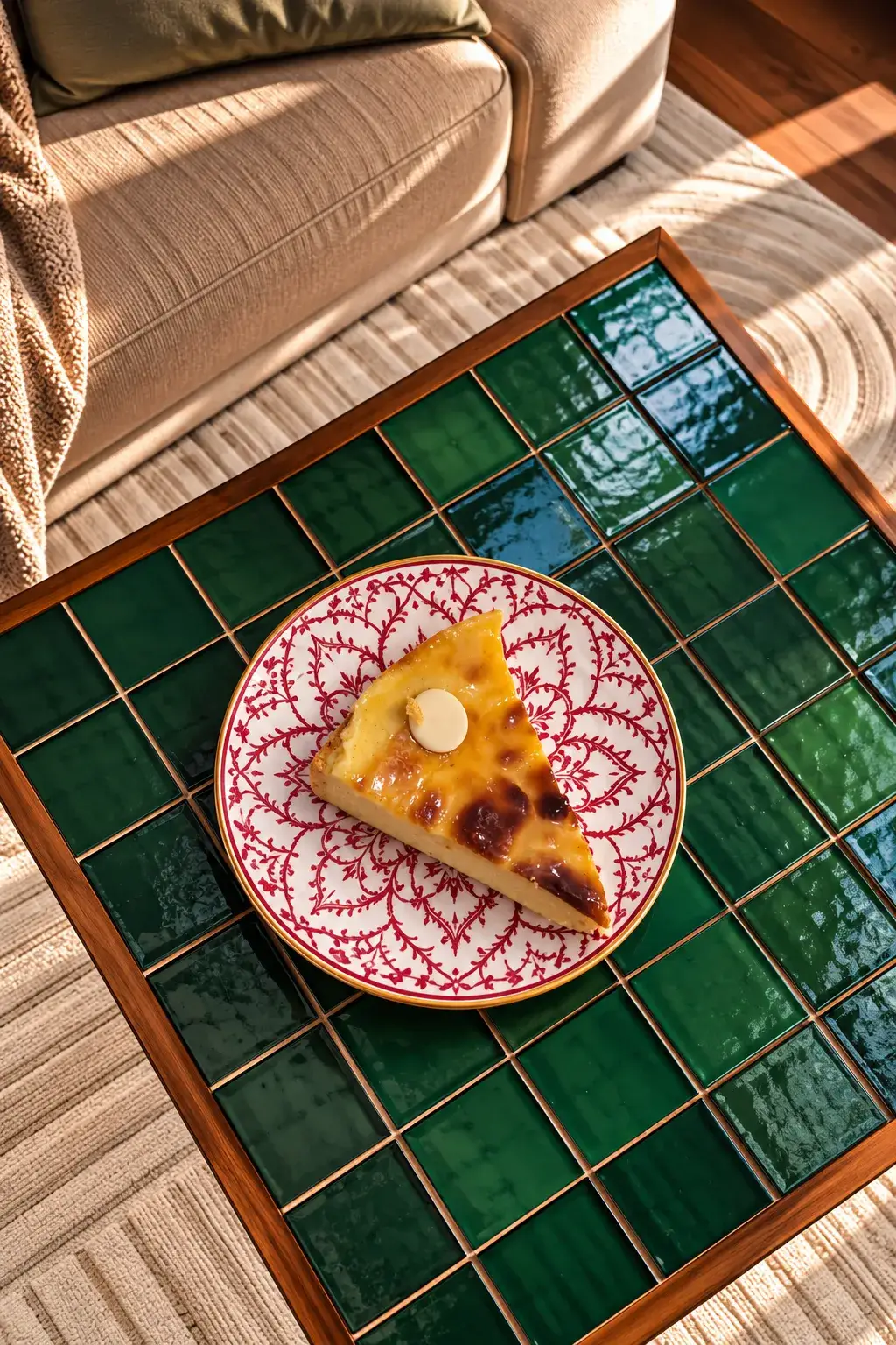 Part de flan du Flanboyant sur une assiette à motifs rouges, Lyon 1er