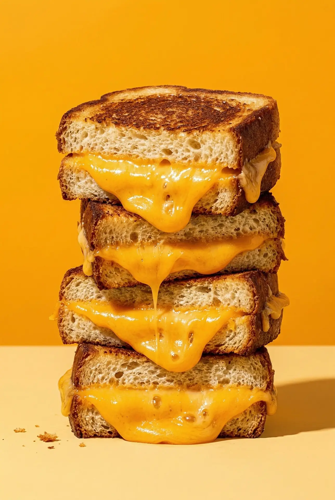 Pile de grilled cheese dorés avec fromage fondant qui coule sur fond orange