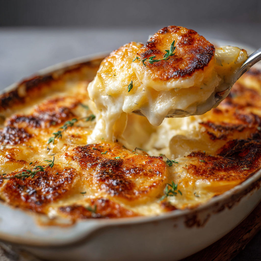 Gratin dauphinois gratiné et doré au thym, servi à la cuillère dans son plat