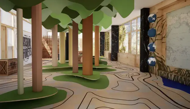 Espace du jeu immersif Mission Forêts au Chalet du Parc à Lyon, avec arbres stylisés et sol topographique