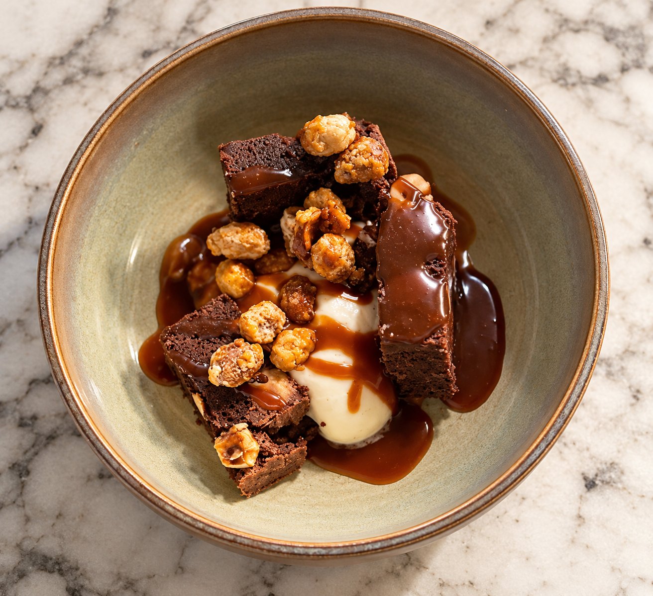 Brownie, glace vanille, caramel et noisettes caramélisées chez La Table Servie à Caluire