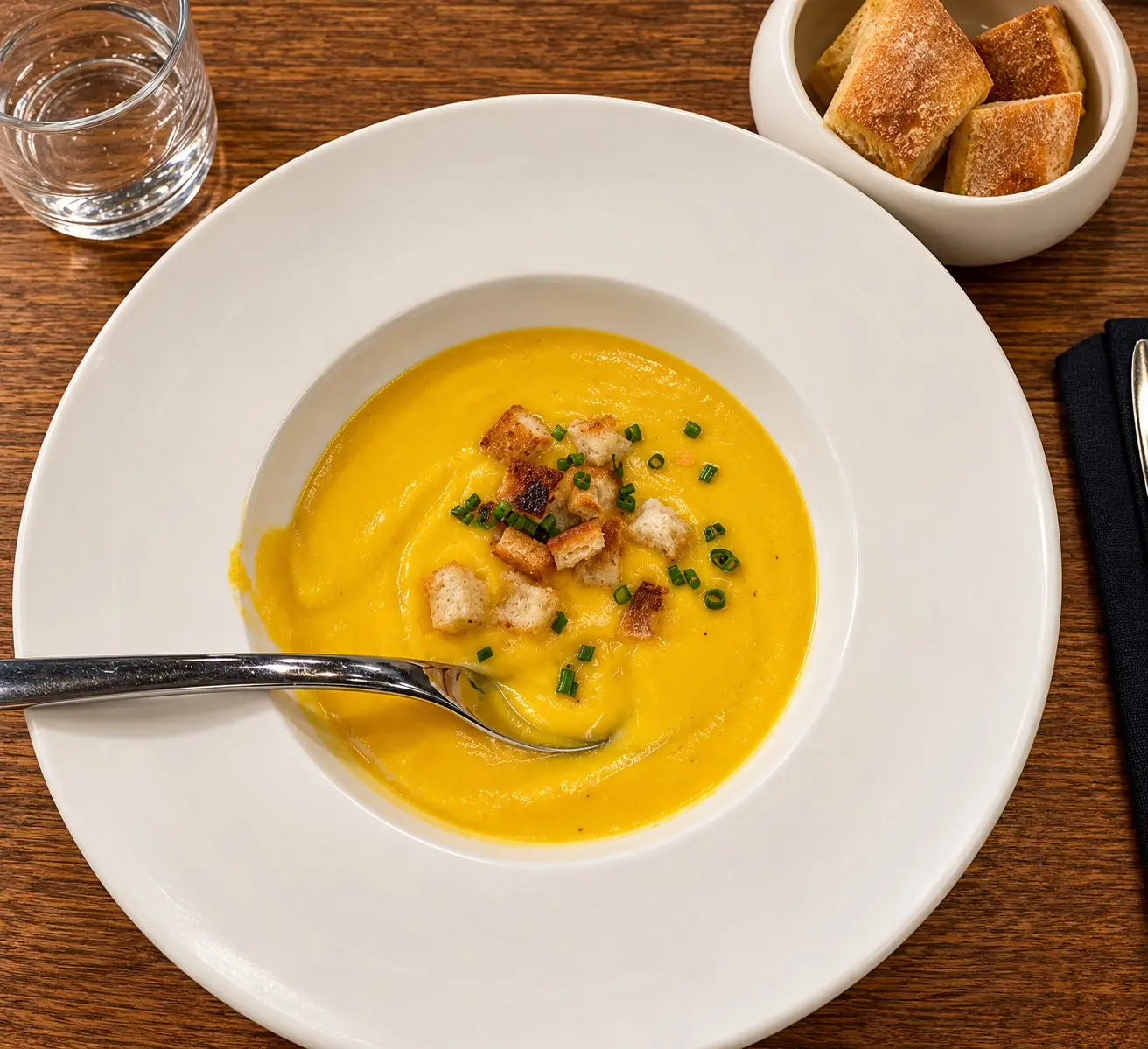 Velouté de courge, croûtons et ciboulette chez La Table Servie, cuisine de saison à Caluire