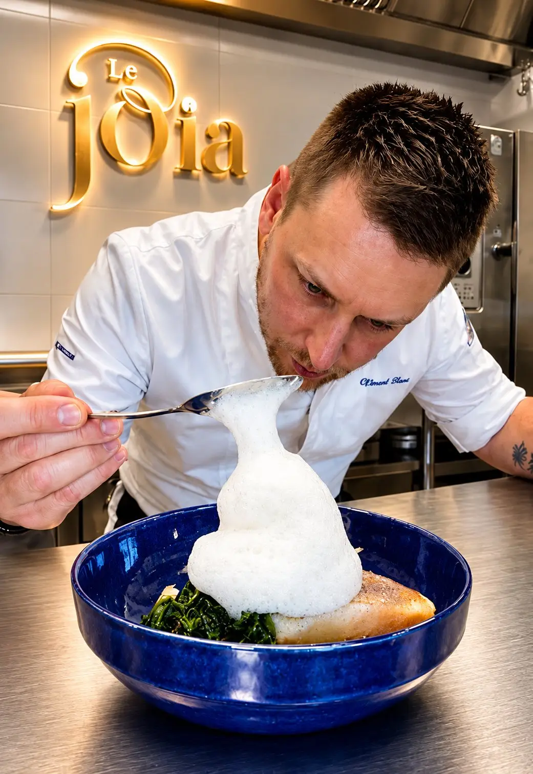 Le chef Clément Blanc dresse un poisson nappé d’écume au Joïa, Lyon 9