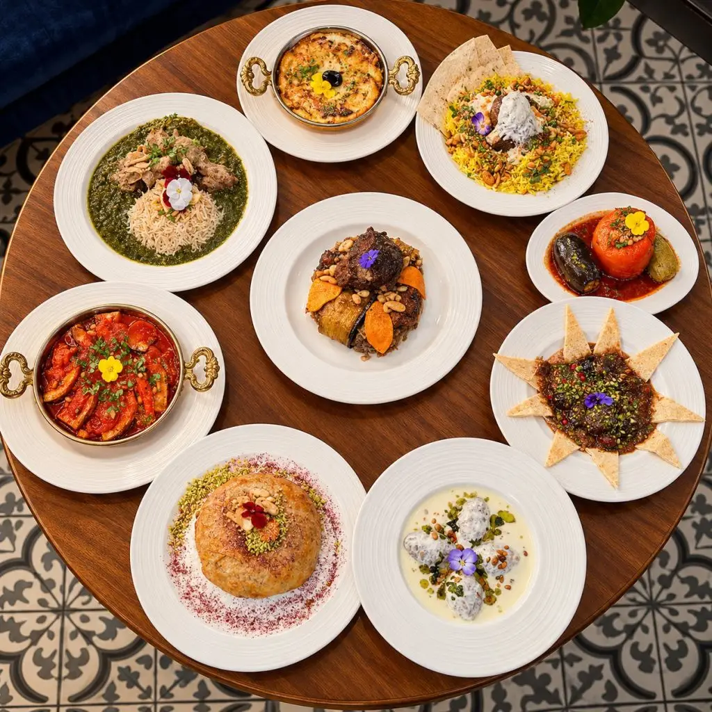 Table de spécialités du Levant à L'Iwan : makloubé, mahshi, ouzi, mloukhiyé, shish barak, place Mérieux à Lyon 7e
