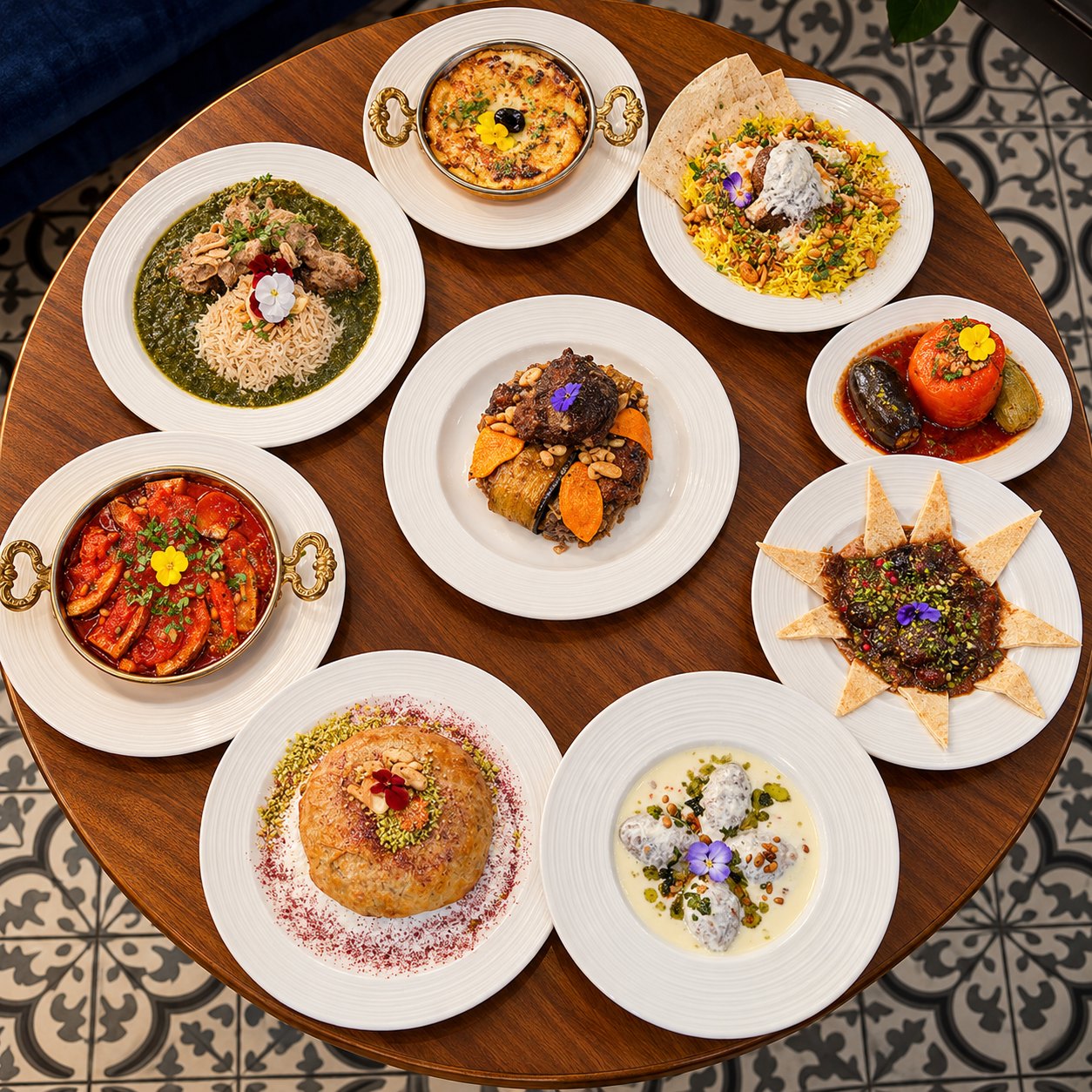 Table de spécialités du Levant à L'Iwan : makloubé, mahshi, ouzi, mloukhiyé, shish barak, place Mérieux à Lyon 7e