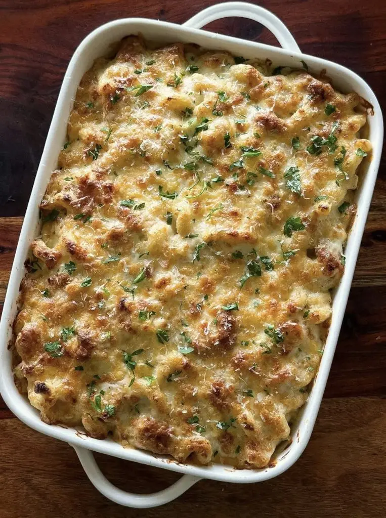 Mac and cheese au poulet gratiné dans un plat blanc, persil frais