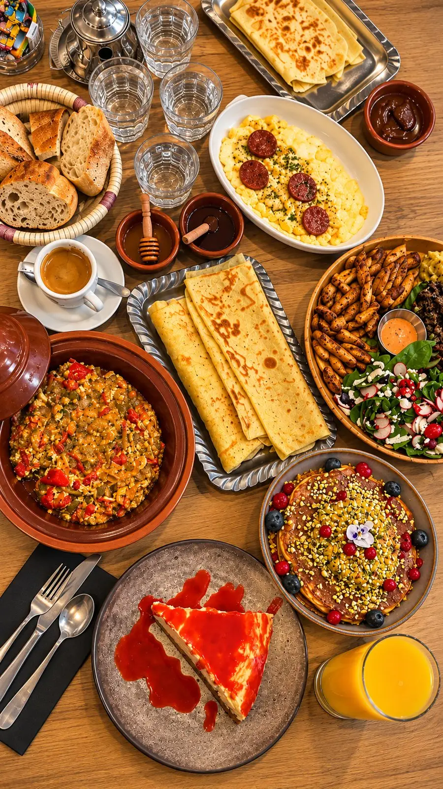 Table de brunch chez Maïda à Lyon : crêpes, chakchouka en tajine, œufs brouillés, pancakes pistache, cheesecake et jus d'orange pressé