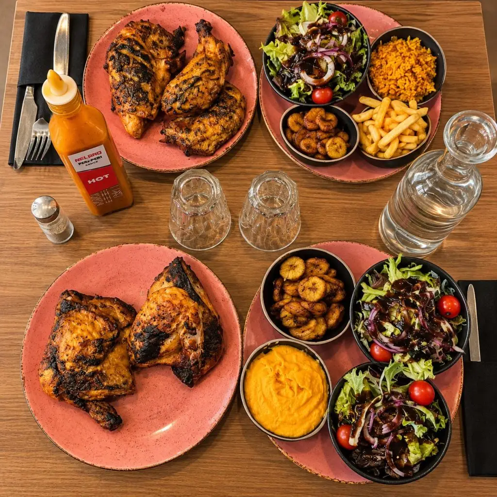 Poulet péri-péri grillé à la flamme avec banane plantain, purée de patate douce, riz et salade chez Nelsao Lyon Perrache