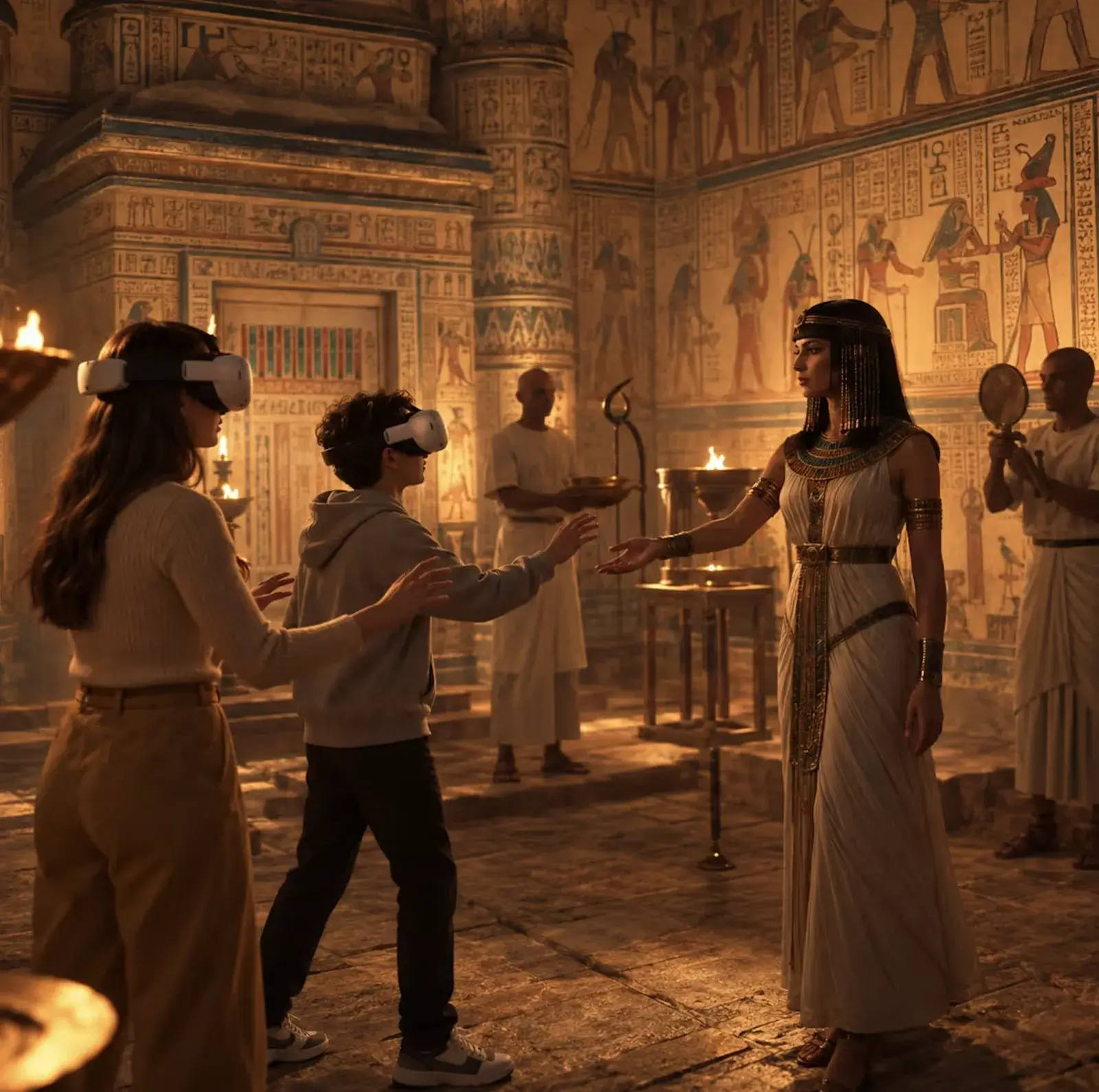 Une mère et son enfant en casque VR face à Cléopâtre dans son palais, expérience Cléopâtre le destin de l'Égypte