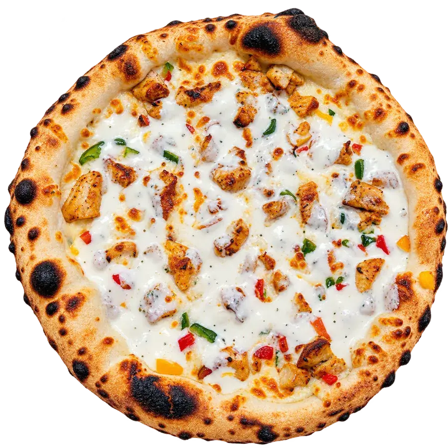 Pizza Boisée de La Flamme Pizzeria à Caluire-et-Cuire : base crème, poulet, poivrons et sauce gruyère