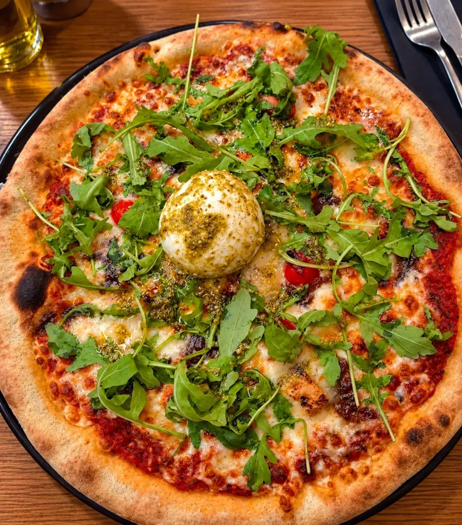 Pizza burrata au pesto de pistache, roquette et tomates cerises de La Sicilienne à Lyon 3