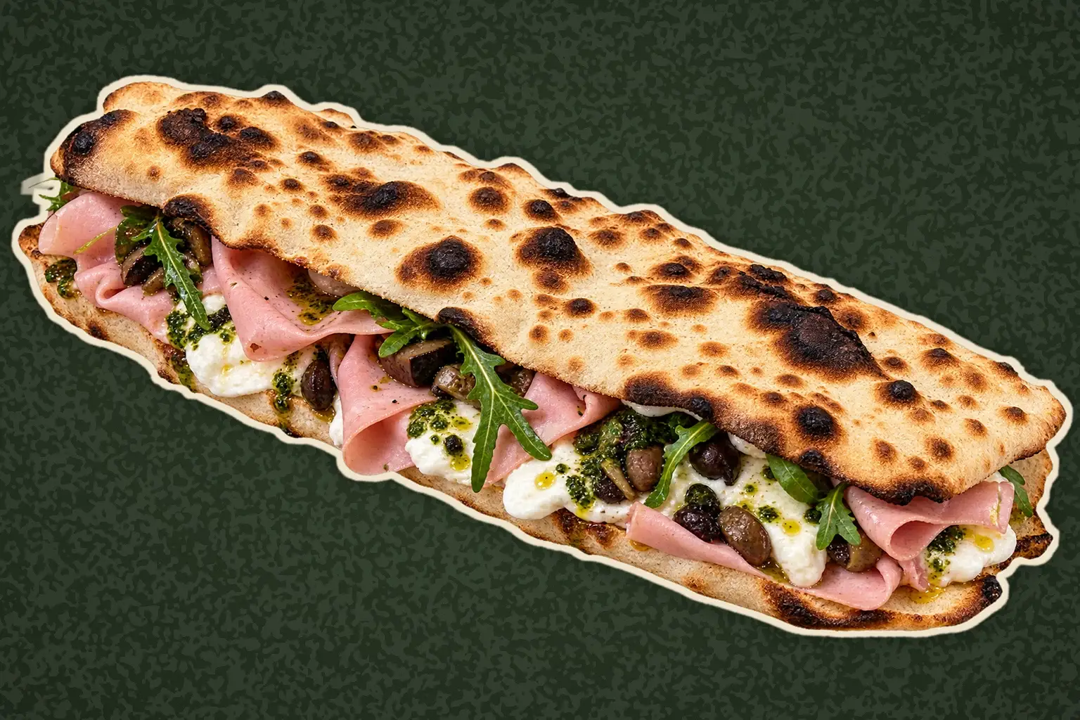Panuozzo de Pizza La La à Bron garni de burrata, pesto et roquette