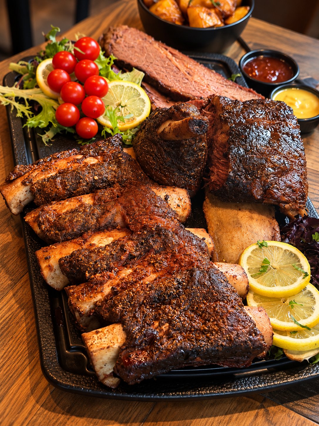 Plateau de viande fumée chez Smokey à Lyon 7 : brisket, ribs Black Angus et poulet fumé au feu de bois